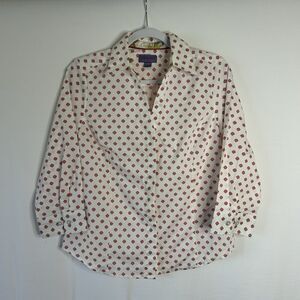 Karen Scott Collared Women’s Top Blouse Shirt White Red Button Down 3/4 Sleeve S